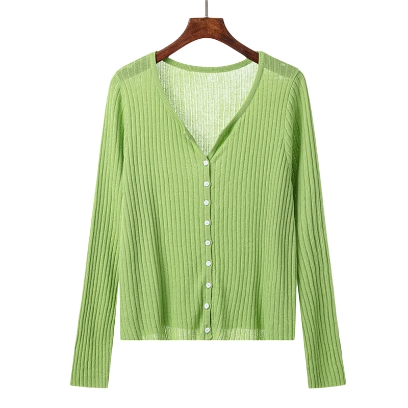 

J78E Fashion Knitted Cardigan Button Down Sweaters Open Front Cardigans w/ Long Sleeves Solid Color Thin Coat for Women Girls