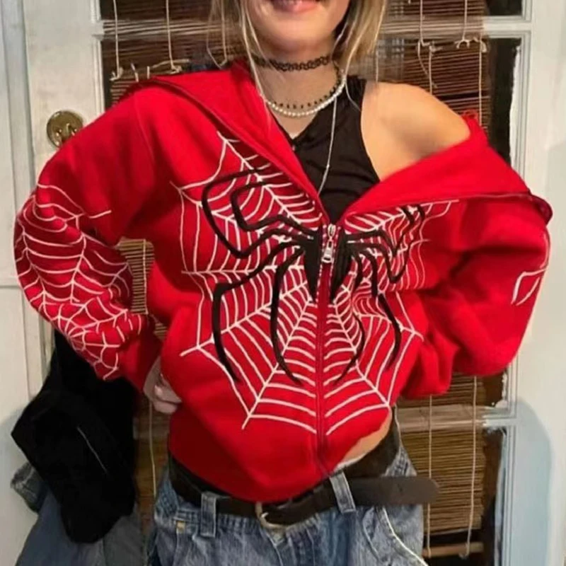 

Women's ins Spider Web Printed Hoodies Autumn Winter Gothic Zip Up Long Sleeve Streetwears Female Punk Y2k Hooded Sweatshirts