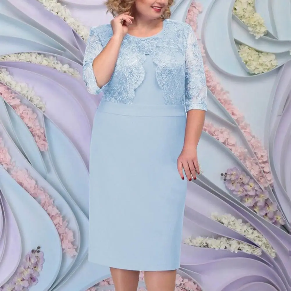 

Women Dress O Neck Fake Two-piece Lace Half Sleeves Lady Mid-aged See-through Slim Bodycon Dress Female Clothes