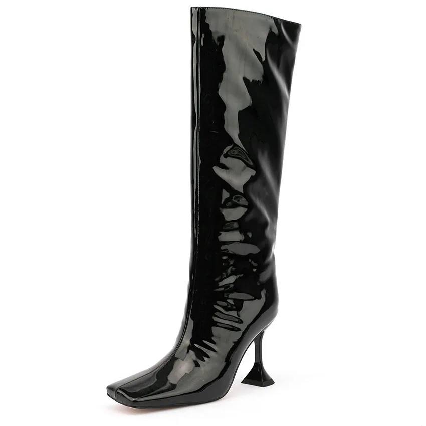 

Классический дизайн, женские осенние черные лакированные кожаные сапоги без застежек до колена, модные удобные сапоги с котятами на каблук...