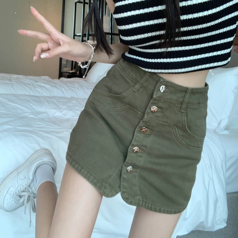 Jeans Women 2023 New Large Summer Red Women's Single breasted Short Skirt High Waist Shorts Skirt with Lining