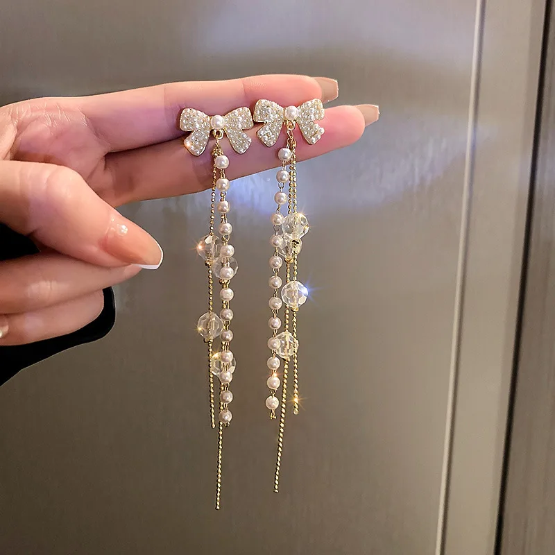 

Korea Fashion Pearl Crystal Bow Tassel Earrings For Women New Temperament Long Super Fairy Luxury Elegant Exquisite Jewelry Gift