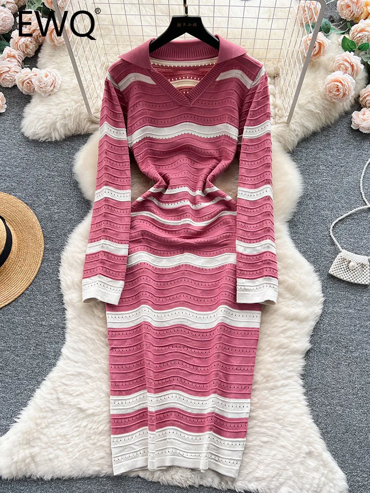 

EWQ Sweet Style Women's Long-sleeve Knitted Striped Hollow Out High Waist A-line Hip Warp Dress 2023 Autumn New Dresses 27SN3642
