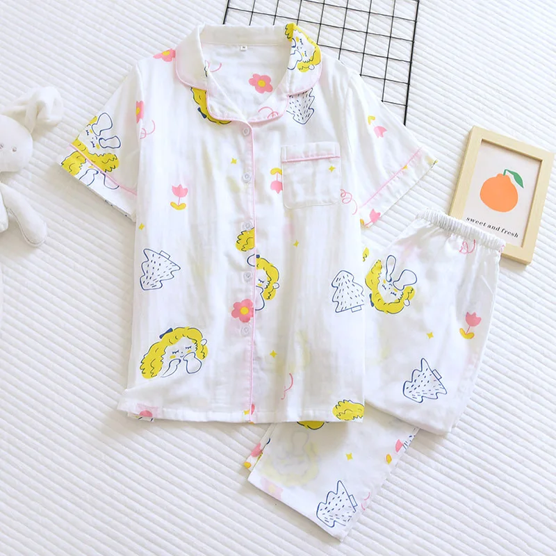 Японский новый стиль летние женские 100% хлопок марлевые пижамы набор сладкий и