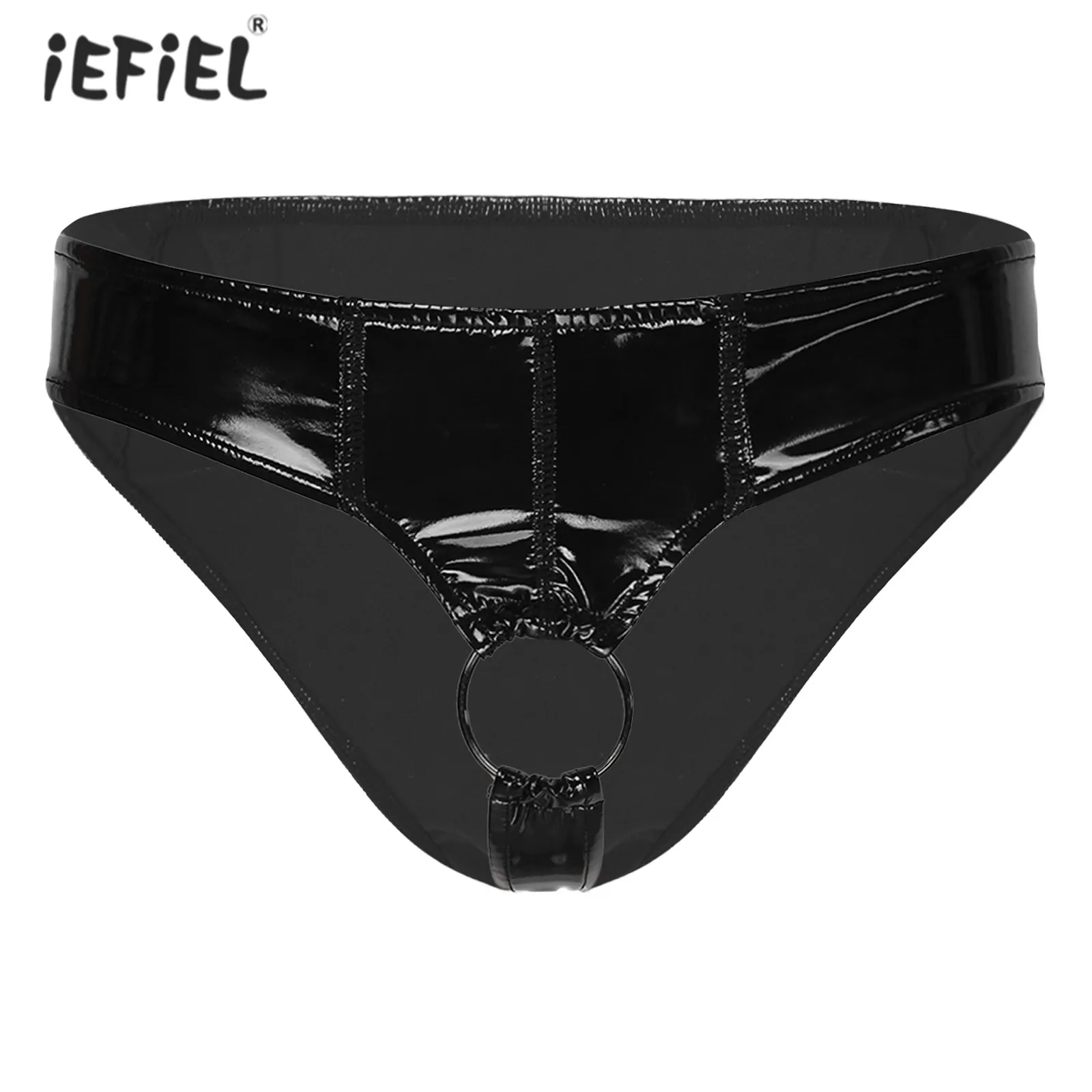 

Mens Wetlook Metal O Ring Low Waist Briefs Latex Lingerie Underwear Glossy Patent Leather Underpants Low Rise Crotchless Thongs