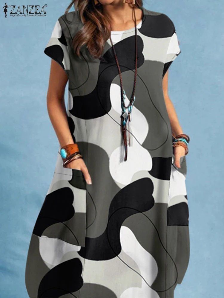 Лето 2024 женский сарафан ZANZEA стильное платье до колен с коротким рукавом и принтом