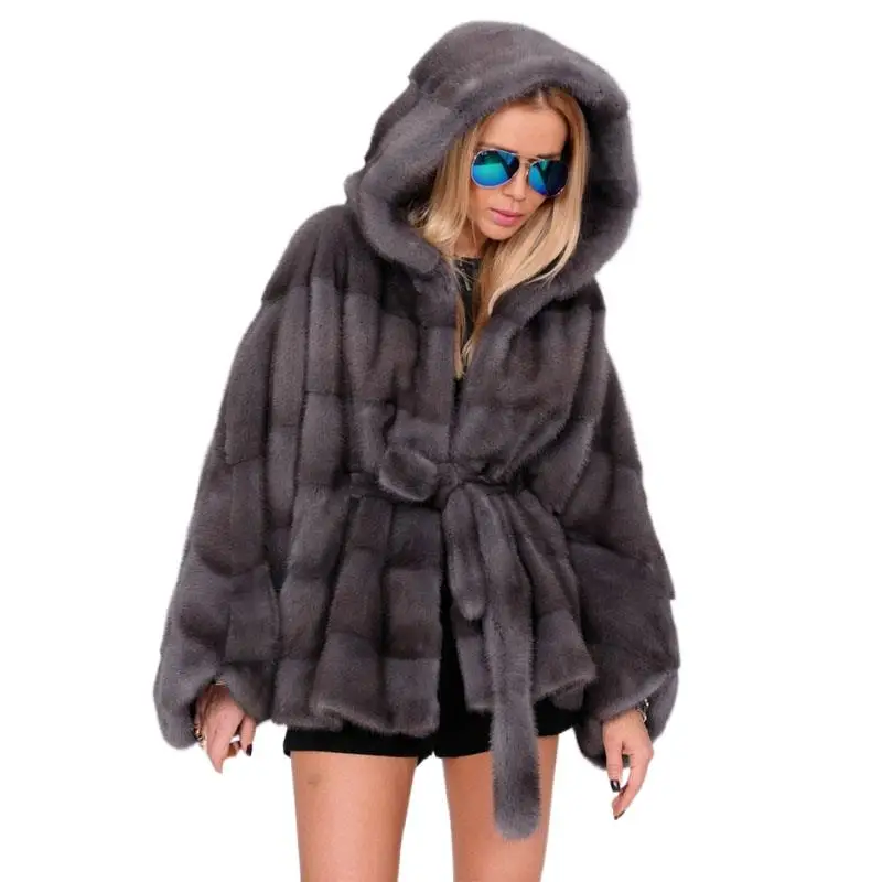 

Real Natural Mink Fur Coats Women Thicken Hooded Slim Belt Overcoats Ladies Winter Cold-Resistant Warm Temperament Outer Garment