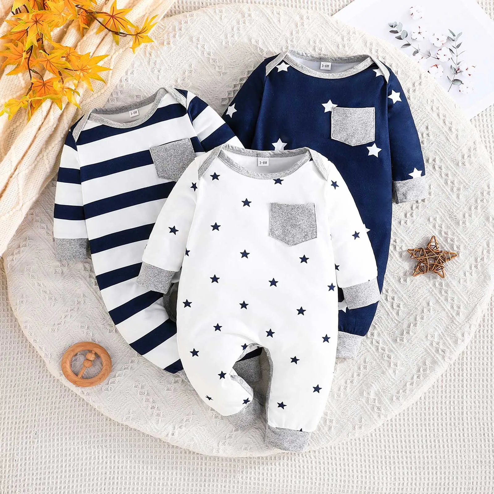 Комбинезон с длинными рукавами в полоску/звездочный принт для новорожденных