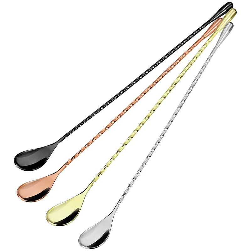 

A50I Cocktail Spoon Bar Stirring Spoon Long Handle Stainless Steel Spiral Pattern Cocktail Mixing Shaker Spoon 4 Pieces