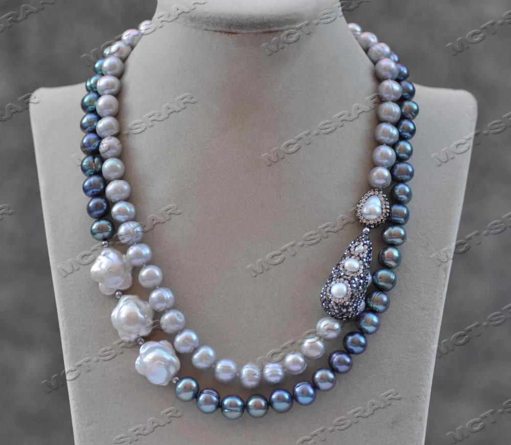 

MCT·STAR Z11566 2Row 18" 16mm White Plum Bossom Black Gray Round Pearl Necklace