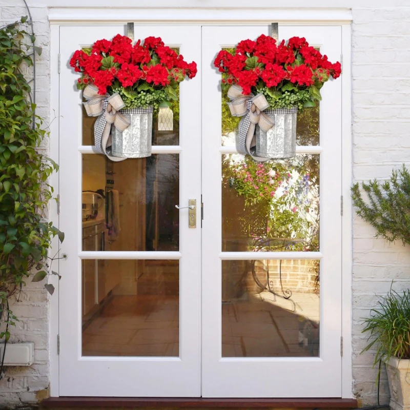 

Farmhouse Wreath Rustic Wreath Geranium Wreath Spring Door Decor Bucket Wreath Door Wreath Wreaths for Front Door