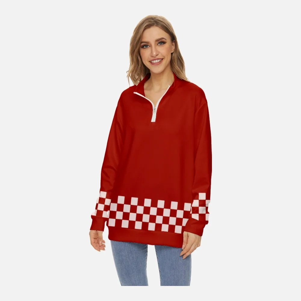 

2022 3d red checkerboard casual fashion clean style men's and women's spring and autumn half stand-up collar zipper round neck s