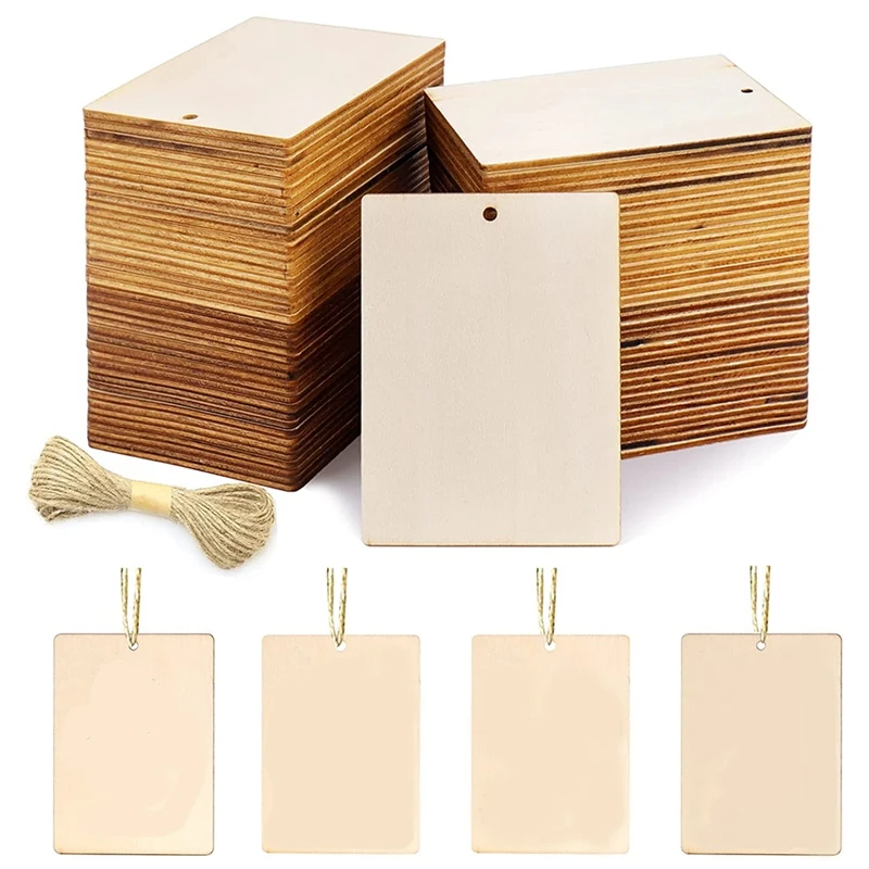 

45Pcs Blank Wooden Tags Wood Squares Tags 3.5 X 2.5Inch For Crafts With Holes And 42.65 Ft Twine For Christmas Gift Tags