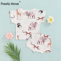 freely move kid summer new casual set cute animal print t shirt baby girl cherry short sleeves tops loose cotton shorts boy suit