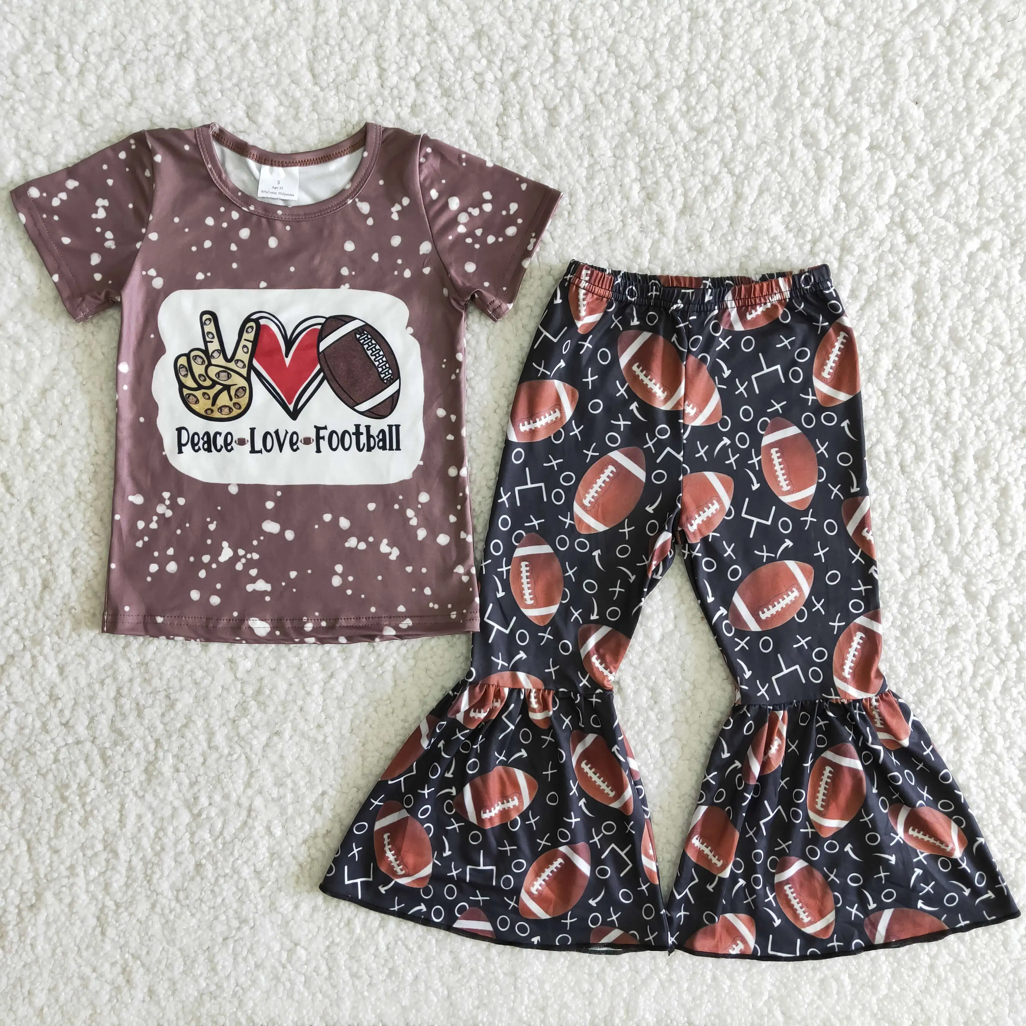 

Boutique kids clothes girls love shirt rugby print brown bell-bottom girls summer sets 2 pieces toddler girl clothes