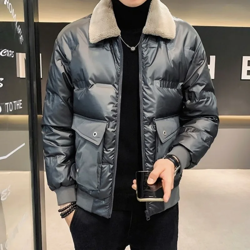 Winter Glossy Men Down Jacket Tooling Style Lapel Thicken Warm Casual Coat Black Grey Korean Fashion Loose Men Short Outerwear