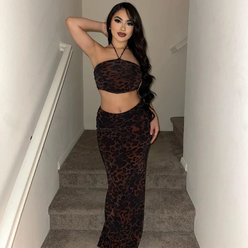 

European-American Women's New Spring Sexy Lace Up Leopard Print Skirt Two-Piece Fashion Suit
