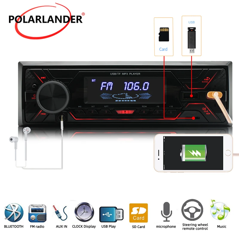

PolarLander 1 Din Car Radio 12V Digital Stereo FM Radio MP3 Player Fast Charging Hands-free Calls Bluetooth Microphone Dual USB