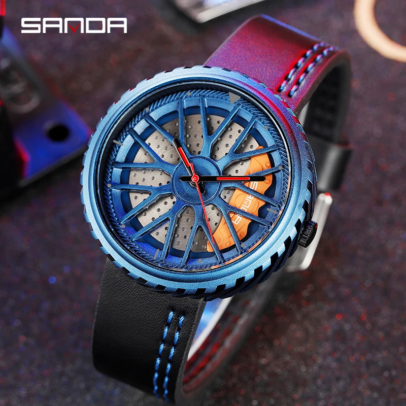 

SANDA P1042 Men's Watches Rim Hub Wheel Wristwatches Male Clock Sport Car Custom Design Creative WristWatch Relogio Masculino