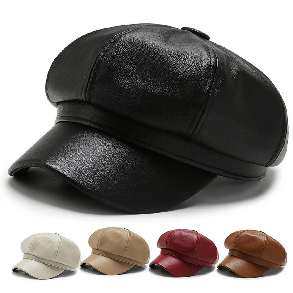 Female Newsboy Cap Boina Octagonal Hats For Women Pu Material Solid Color Hard Brim 58cm Girl Beret Four Seasons BT0090