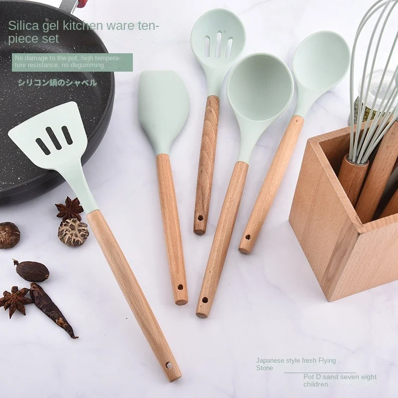 

9 pcs Set Mint Green Silicone Kitchenware Set Japanese-style Wooden Storage Tube Spatula and Spoon Set Wood Kitchen Tools