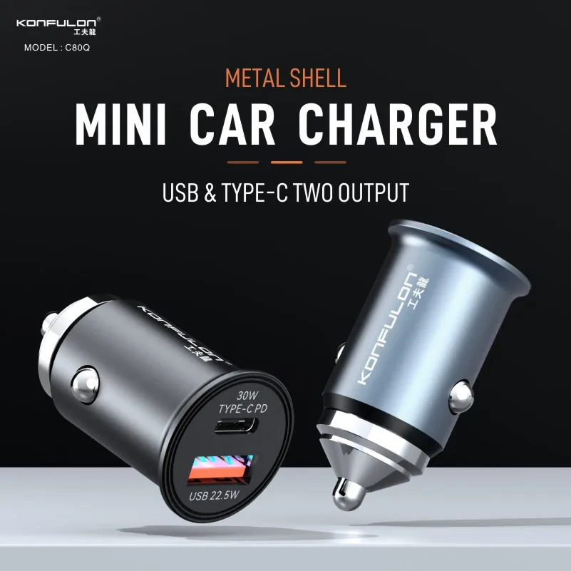 

KONFULON PD 30W Mini Portable Car Charger Dual Ports Fast Charge Type-C PD Car Adapter for iPhone Xiaomi Huawei Samsung QC3.0