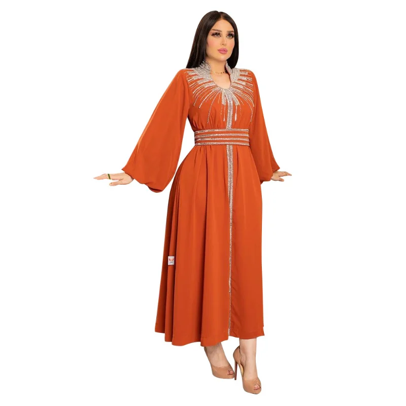 Eid Dubai Muslim Party Dress Women Abaya Stand Collar Diamond Dubai Abayas Diamond Kaftan Elegant Robe Vestidos Turkey Gown 2023