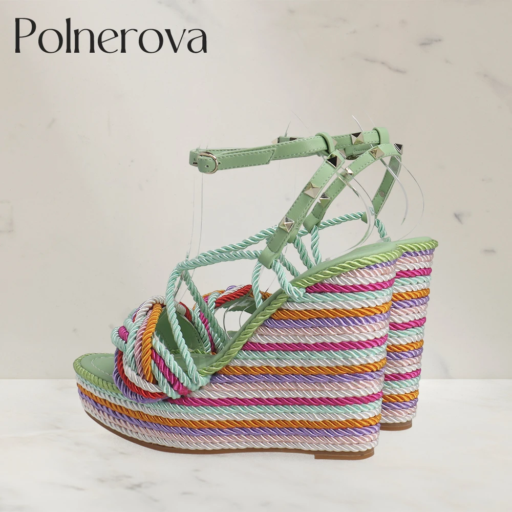 Color Block Hemp Rope Wedges Studs Luxurious Designer Sandals Multicolor Fashion Summer Shoes Platform Buckle Sandals for Women