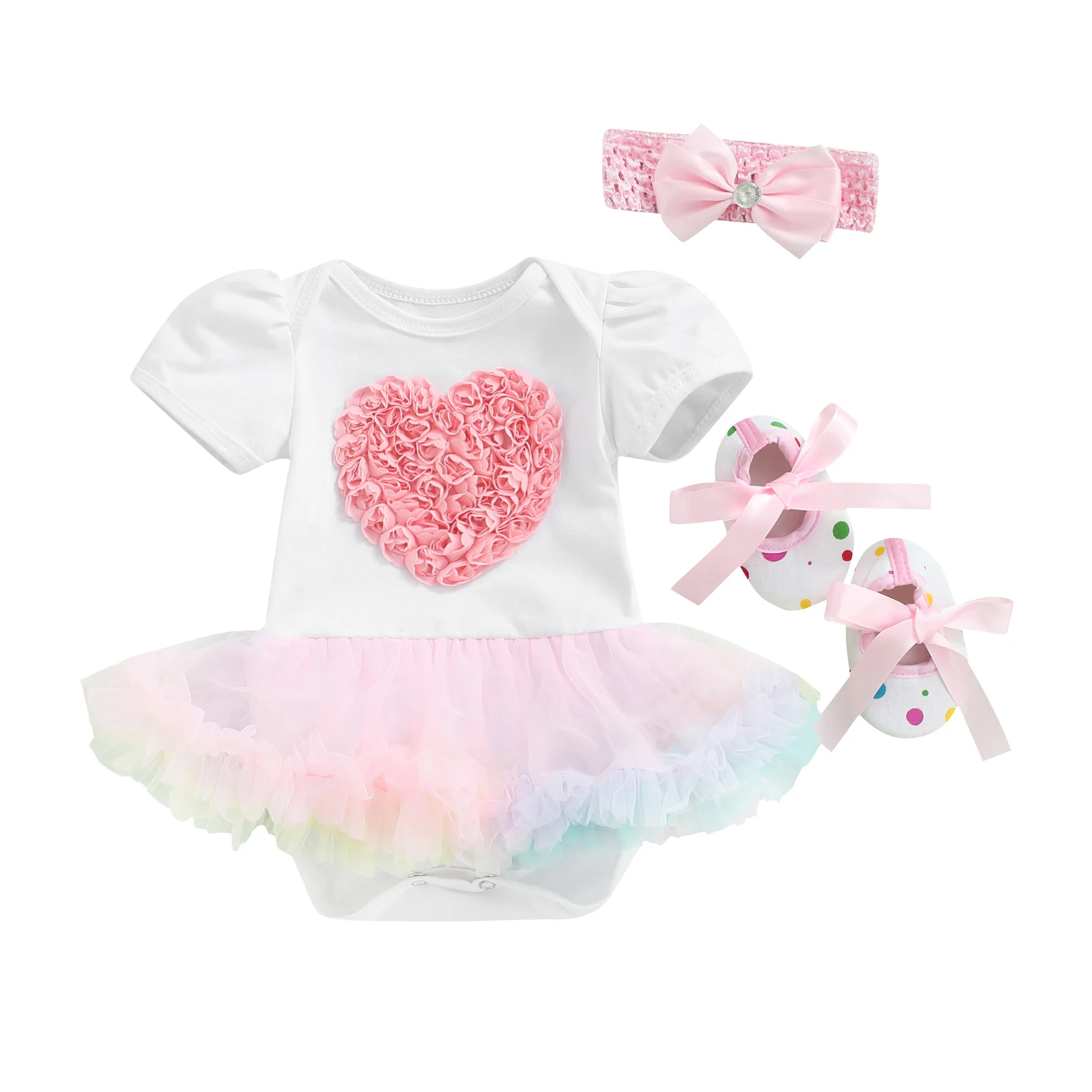 

Baby Girls Romper Short Sleeve Heart Printed Ruffled Bodysuit+Printed Shoes+Bow Headband Baby's Sets for Valentine's Day