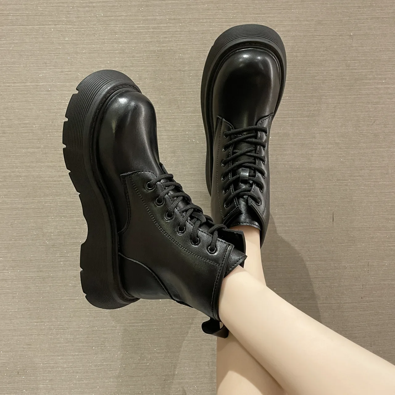 2023Women's Shoes Fashion Women's Boots Thick-soled Autumn PU Leather Ankle Boots Motorcycle Thickened Heel Lace Up  Boots Women