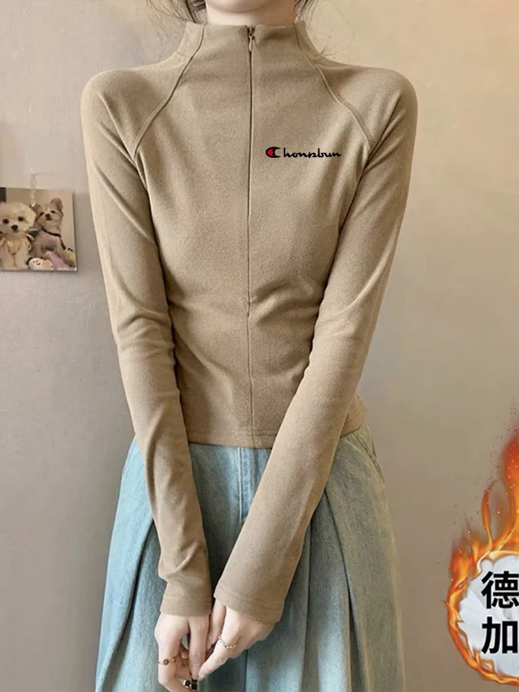 Champion Rainbow 2024 Winter New Zip-up Versatile Dralon Thickened Long sleeve Bottoming Shirt T-shirt Women Inner wear Top