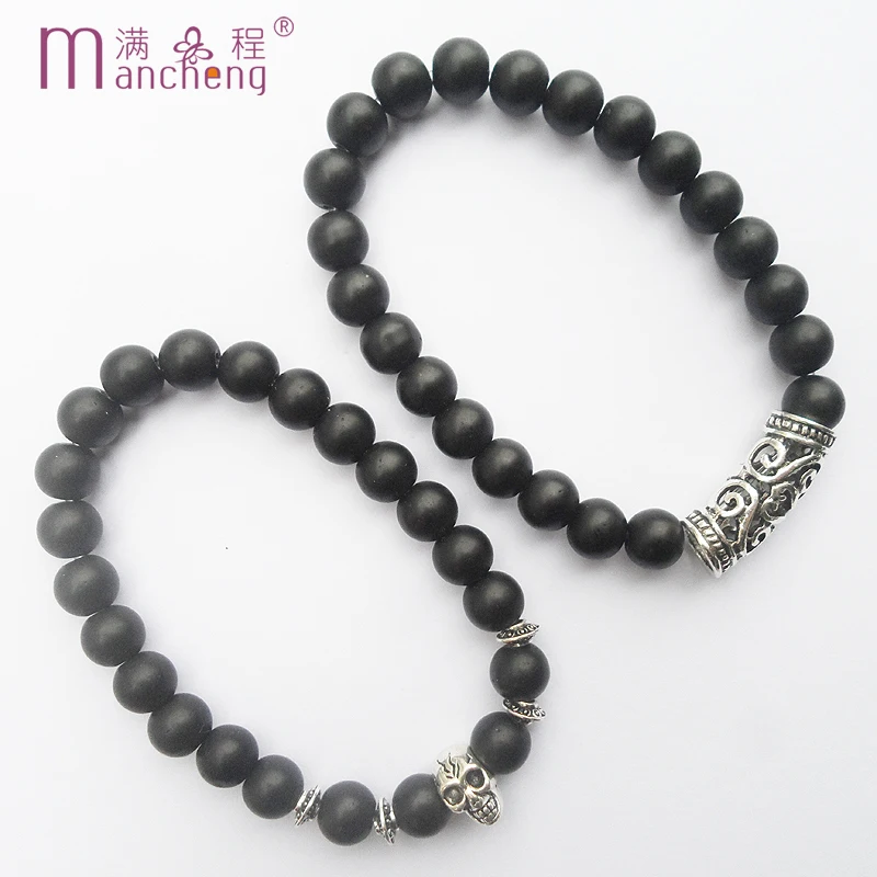 

Goth Demon Slayer Agate Matte Onyx Couple Lover Skeleton Halloween Skull Bracelet Bangle Jewelry Sets Pulseras Mujer Homme