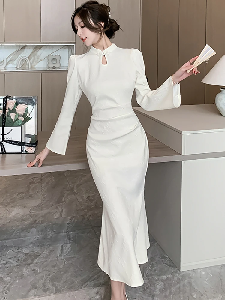 Женское жаккардовое платье с длинным рукавом в Корейском стиле