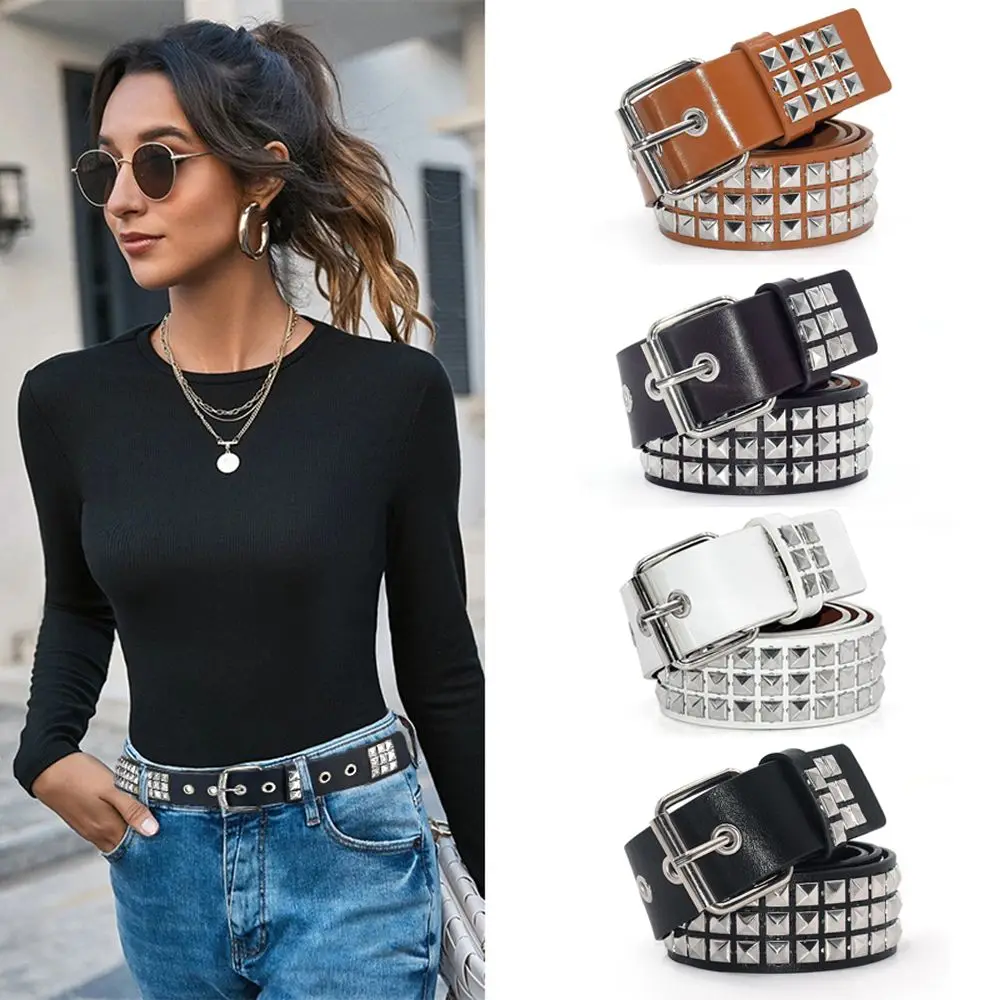 Punk Adjustable Metal Button Jeans Waistband Studded Belt PU Leather Square Beads