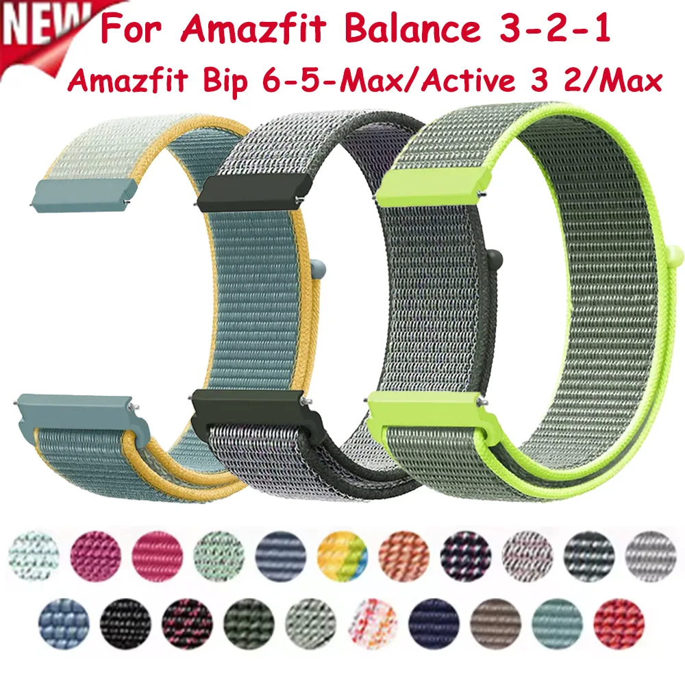 Фото Спортивный нейлоновый ремешок 20 мм 22 мм для Amazfit Balance 3-2-1, удобный дышащий ремешок для часов Amazfit Bip 6-5-Max/Active 3 2/Max №1