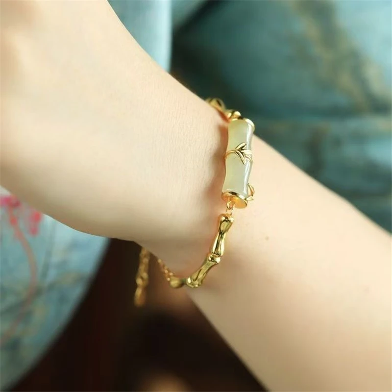 Винтажный фестивальный браслет Hetian Jade Bamboo нежный с серебряным покрытием 925