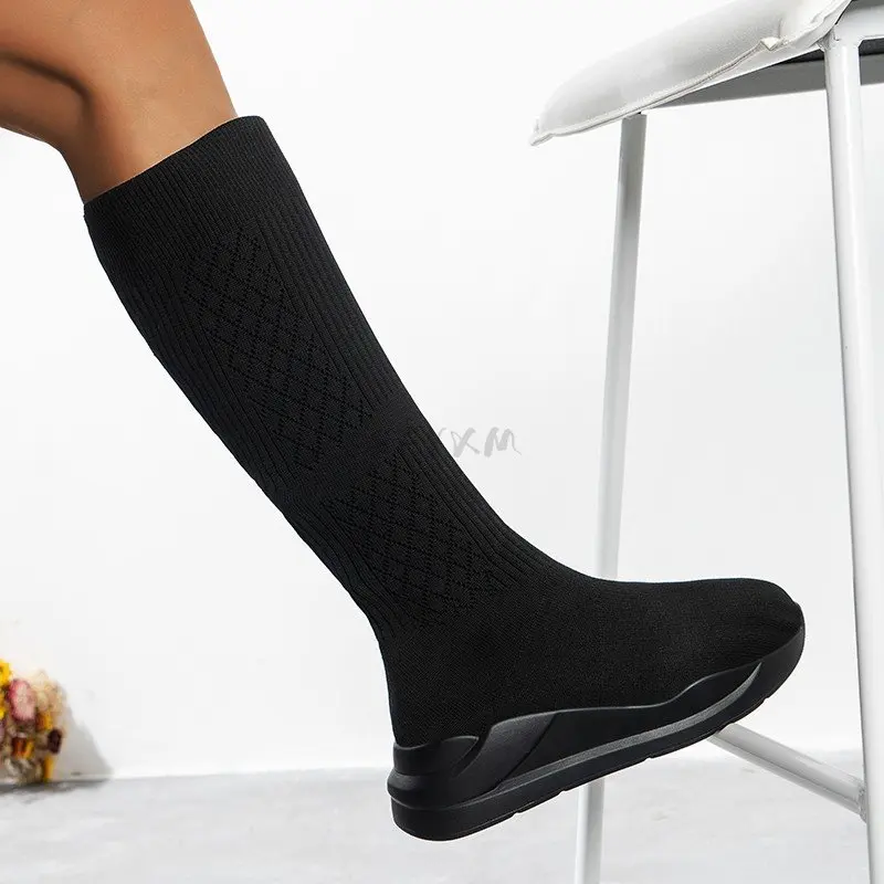 

2023 Winter Autumn Women Platform Over The Knee Boots Ladies Stretch Knitted Socks Long Boots Slip on Thick Bottom Shoes Woman