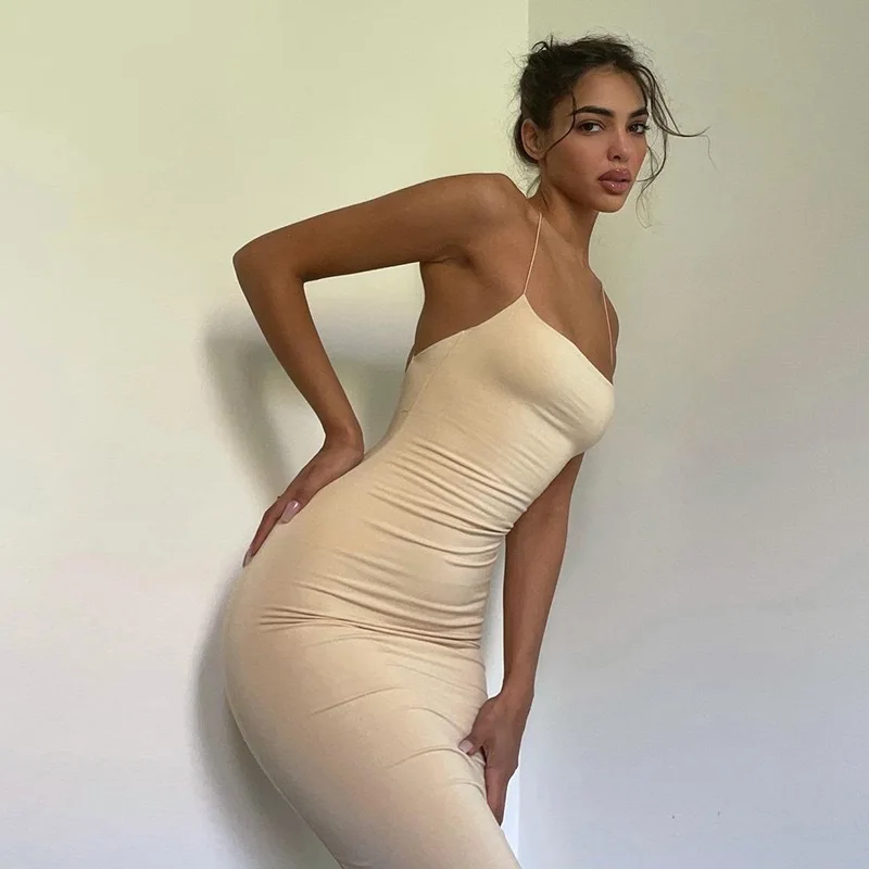 

Maxi Shirt Dress Sexy Ramping Backless Sleeveless Cotton Selip Satin Gaun Wanita Summer Party Pantai Club Elegan Bodycon Robe