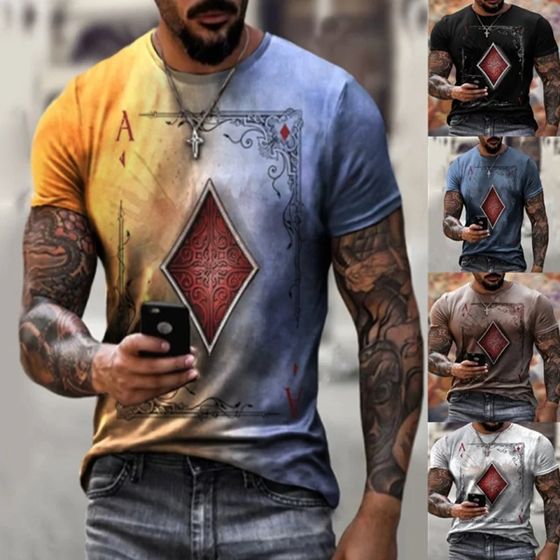 

Summer Mens Top Fashion Casual Simple Playing Card Printing Round Neck Short Sleeved Tshirt for Women