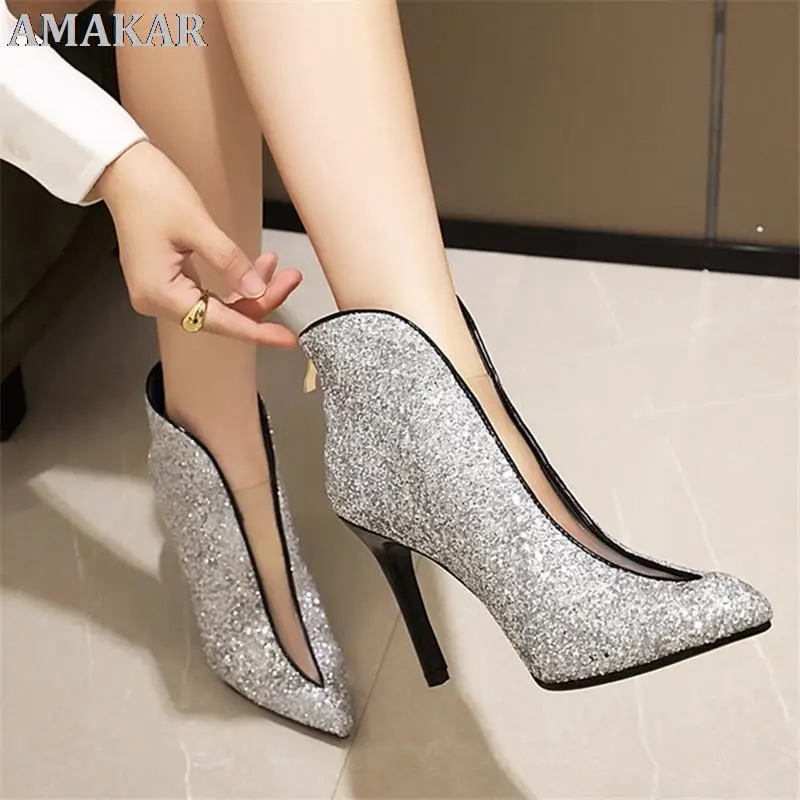 

Sexy Bling Sequin Ankle Boots Zip Golden Silver Fashion High Heel Wedding Thin Heel Short Banquet Women 2022 New