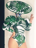 fashion green show stage women three pieces top and shorts hat puff sleeves perform costume party club drag queen wear