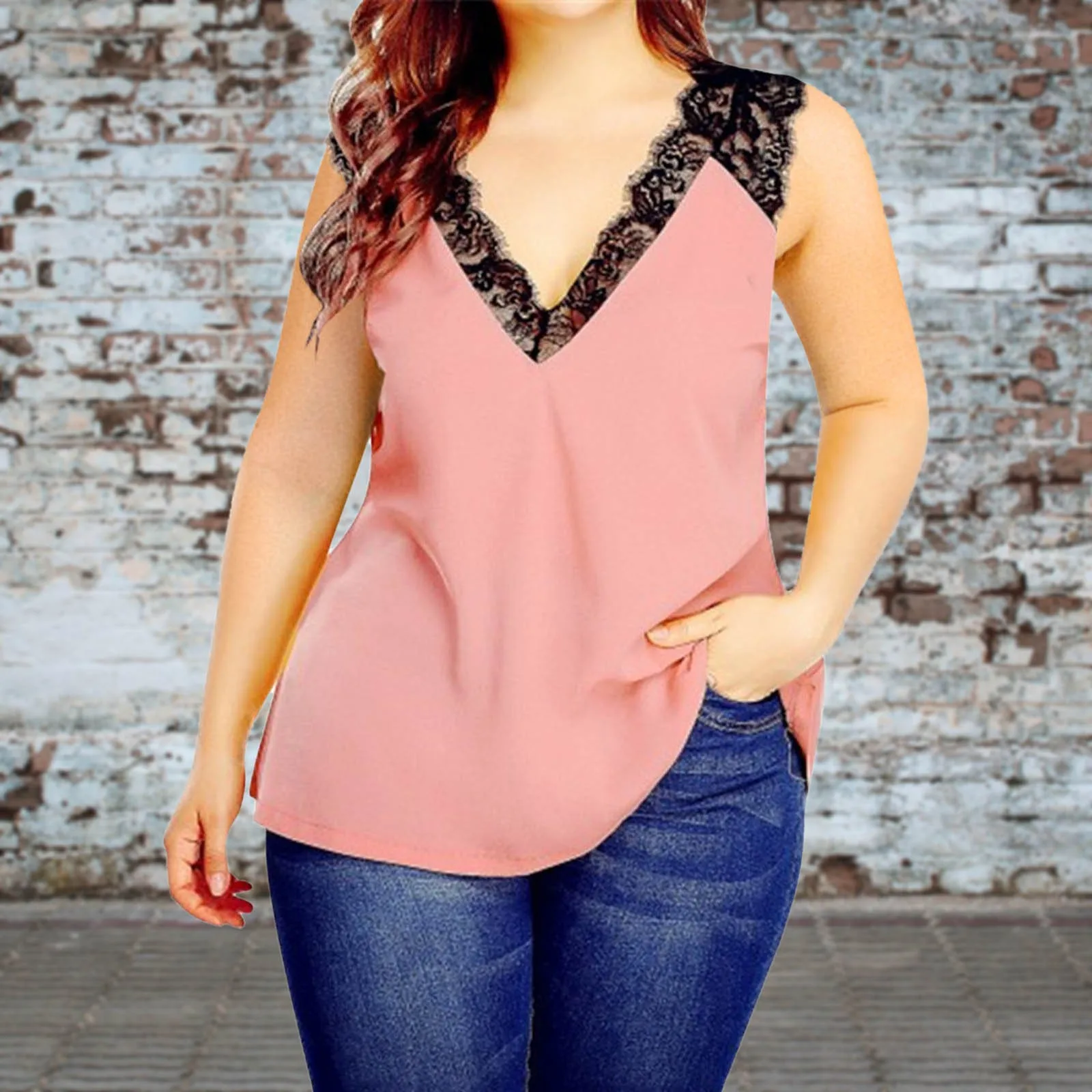 

Tops Lace up Women Large V Neck Lace Splicing Short Sleeve Solid Loose Version Tunic Top