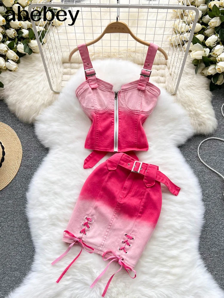 

Summer Women Two 2 Piece Set Sexy V-Neck Jeans Vest+High Waist Belt Denim Skirts Korean Style Office Lady Sleeveless Suits