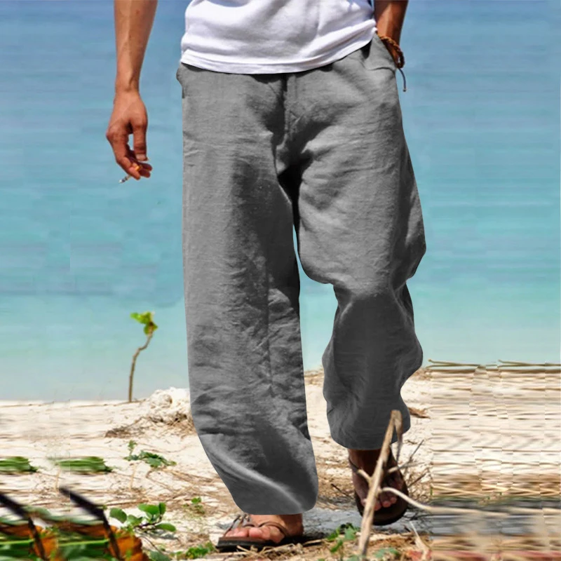 

2023 Spring Summer Casual Cotton Linen Beach Trousers Men's Vintage Solid Drawstring Tie-up Looes Straight Long Pant Men Pants