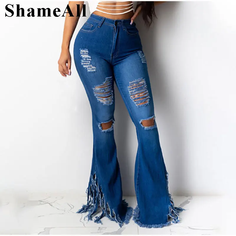 

Plus Size Ripped Holes Fringe Tassel Flare Jeans Mom 3XL Vintage Street High Waist Wide Leg Stretchy Slim Fit Denim Bell Bottoms