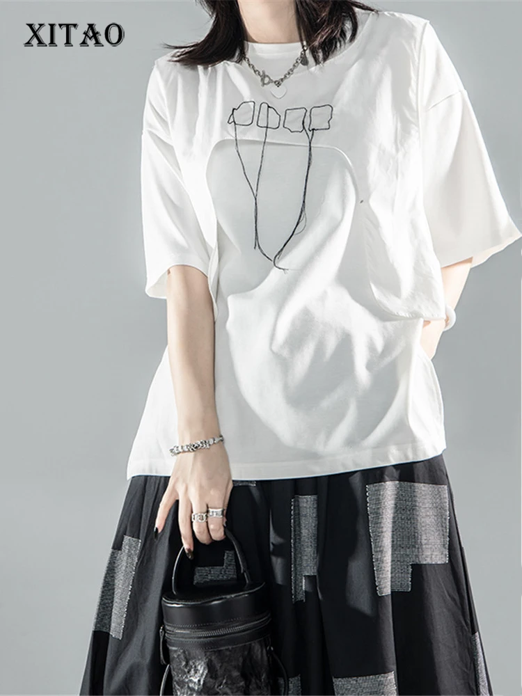 

XITAO Pullover T Shirt Fashion Pullover White Patchwork Tassel Pleated 2022 Summer Minority Elegant Loose Tee Top WLD7633