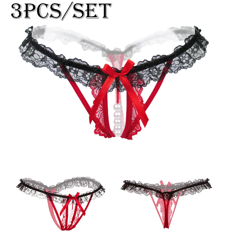 

Women Hollow Out Lace Crotchless Panties Set Sexy Pearl Massage Lingerie Thongs Low Waist Temptation Opening Crotch Underwear