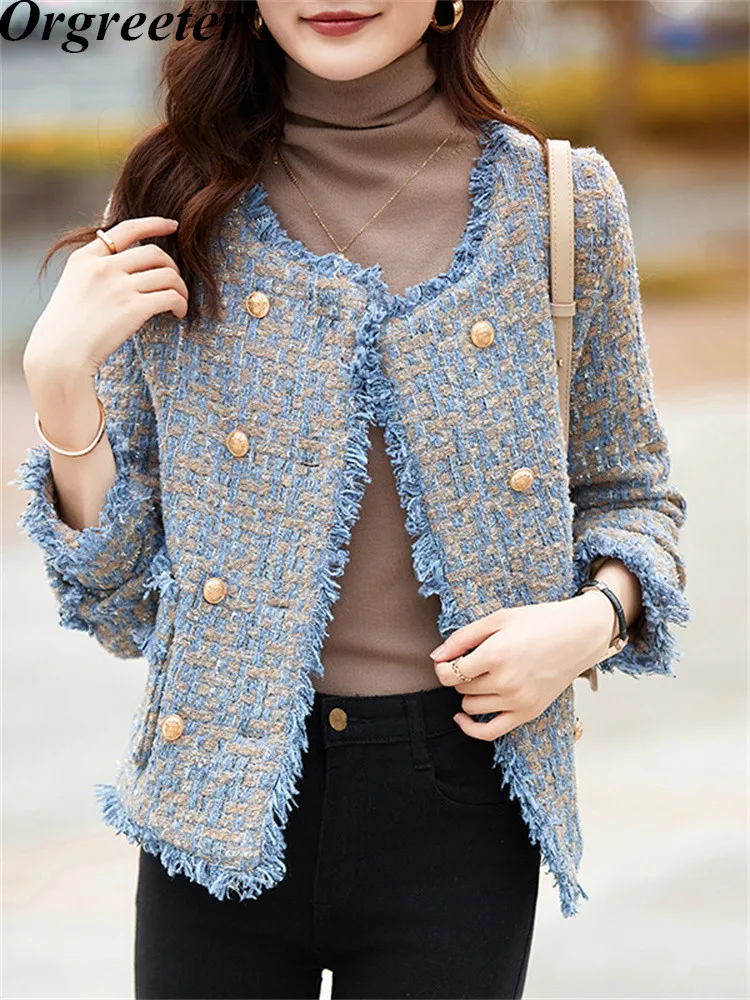

High Quality Small fragrant wind Woolen Chaquetas Female Elegant OL Double-breasted Tweed Jacket Women