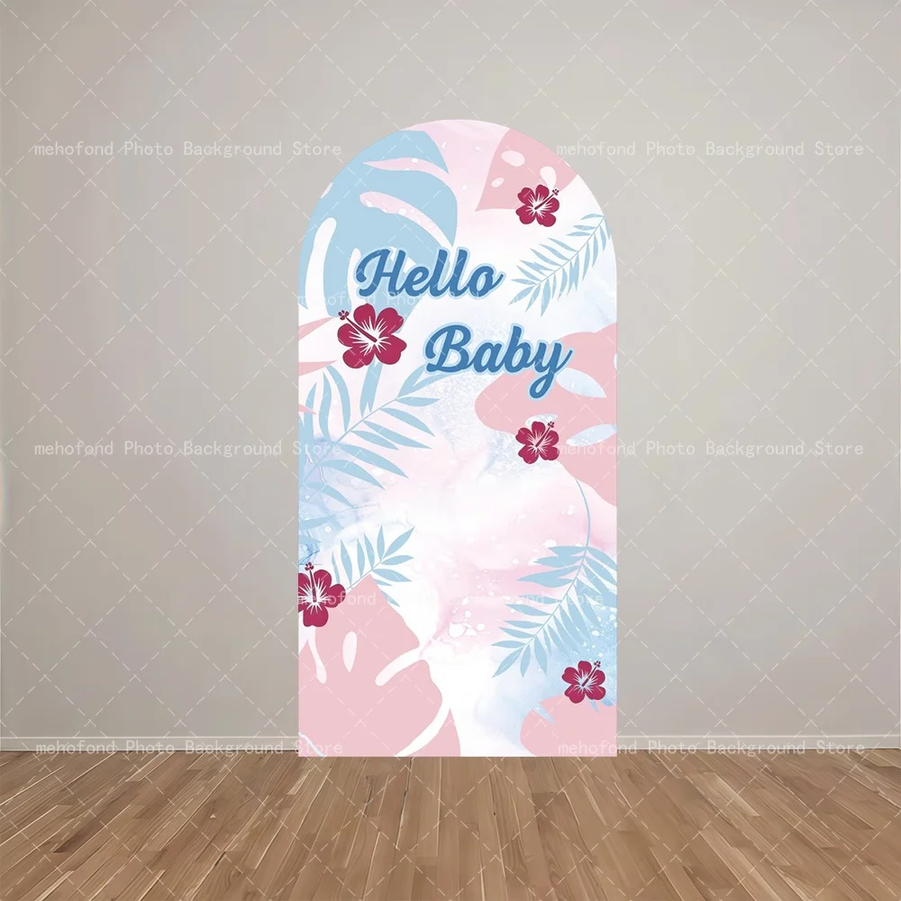 Фото Фон для фотосессии Mehofond Gentle Hello Baby Boy/Girl: акварельный дизайн с пальмовыми листьями и цветами фусанг, украшенный декором для детского праздника №3