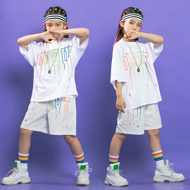 

Kid Kpop Hip Hop Show Cheerleaders Clothing White Tshirt Tops Tee Streetwear Summer Shorts For Girls Boys Jazz Dance Costumes